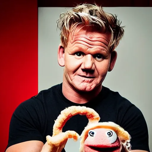 Image similar to photo of gordon ramsay cooking muppet meat