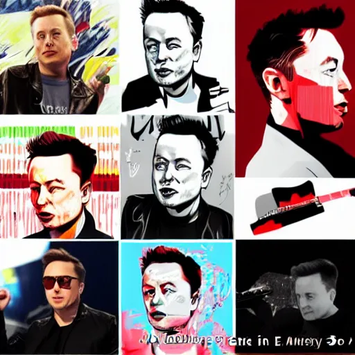 Image similar to elon musk in the style of various artists