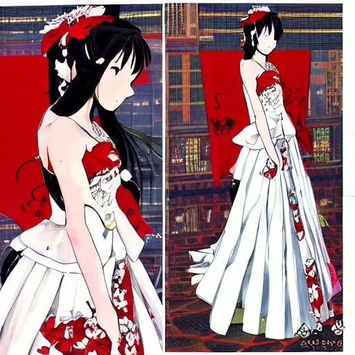 Image similar to yukiko amagi in wedding dress facing viewer by shigenori soejima and shigenori soejima and shigenori soejima and shigenori soejima. romantic, marriage