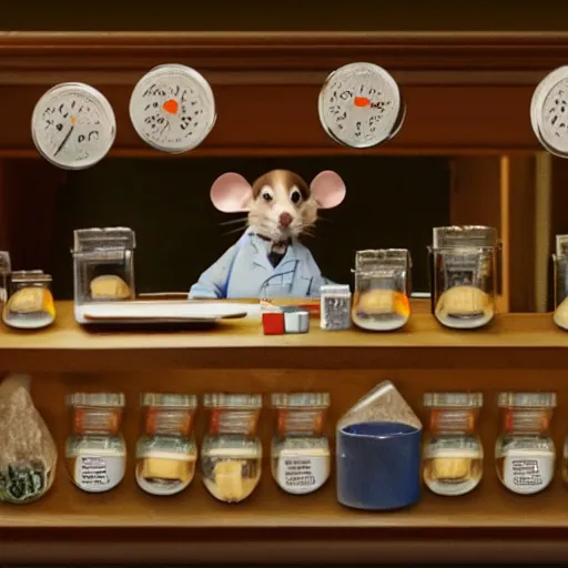 Image similar to professor mouse in his lab, with cheese vials lying around the tables