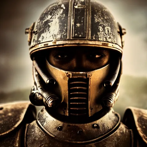 Image similar to portrait photograph of black spacemarine in battle worn armor. super resolution. 85 mm f1.8 lens.bokeh.graflex. Alessio albi