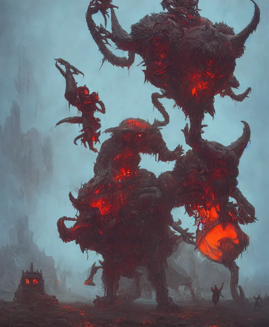 Image similar to giant devil holding a person, illustrated by Simon Stålenhag and Gaston Bussiere, intricate, ultra detailed, photorealistic, trending on artstation