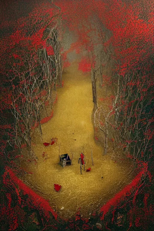 Image similar to immaculate painting of A Beautiful fine detailed gold and red and black Forest Illusion by erik johansson micro detailing