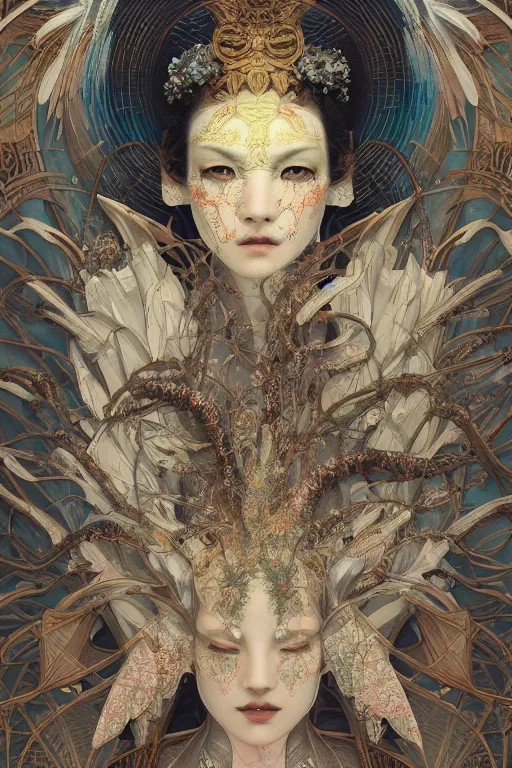 Prompt: portrait breathtaking detailed concept art painting art deco pattern of birds goddesses amalmation flowers head thibetan temple, by hsiao ron cheng, tetsuya ichida, bizarre compositions, yoji shinkawa, exquisite detail, extremely moody lighting, 8 k, art nouveau, old chines painting, art nouveau