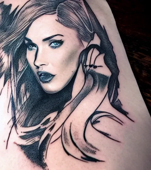 Image similar to double exposure tattoo design sketch of megan fox with beautiful mountain scenery, realism tattoo, in the style of den yakovelev, amazing detail, sharp