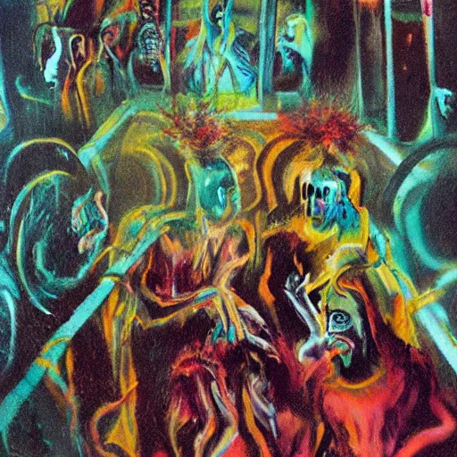 Image similar to lost souls in hell's waiting room by 2 1 st century cyber glitch francis bacon very detailed, colorful, beautiful, eerie, surreal, psychedelic