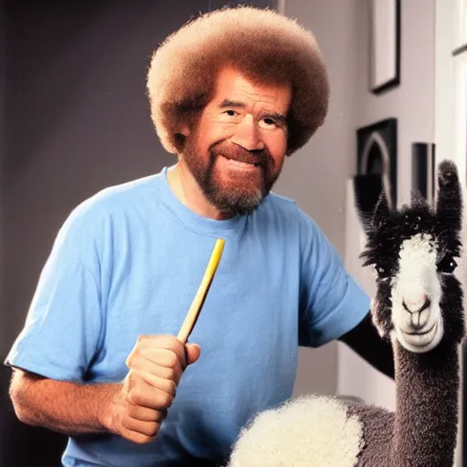 Prompt: Picture of bob ross painting a llama