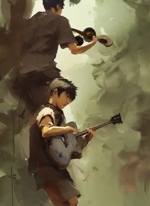 Image similar to semi reallistic gouache gesture painting, by miura kentaro, by ruan jia, by Conrad roset, by dofus online artists, detailed anime 3d portrait a boy playing music on a park, cgsociety, artstation, rococo mechanical, Digital reality, realistical, dieselpunk atmosphere, gesture drawn