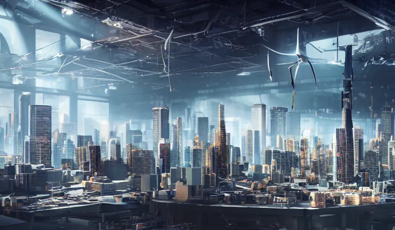 Image similar to sparse group people in simple warehouse, looking at hologram of futuristic city on a table, cinematic concept art, godrays, golden hour, natural sunlight, 4 k, clear details, tabletop model buildings, center model buildings, hologram center, crane shot, crane shot, crane shot