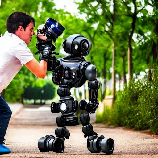 Prompt: fight between robot and photographer