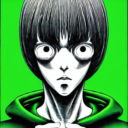 Image similar to portrait of programmer with green hood by junji ito