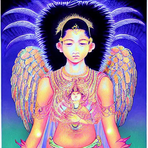 Prompt: Sri lankan girl as a winged angel covered in eyes with glowing halo, iridescent, seraphim, art by Hideyuki Kikuchi,