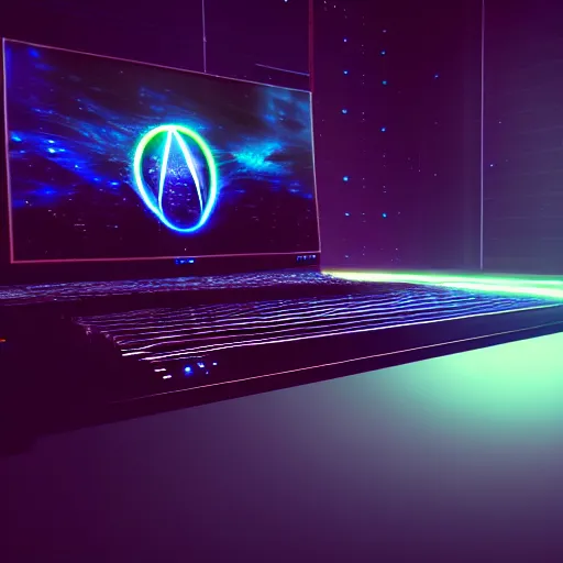 Image similar to a galactic overpowered computer. Overpower, Overclocking, mat black metal, space colors RGB stripes, alienware, Beautiful dramatic dark moody tones and lighting, Ultra realistic details, cinematic atmosphere, studio lighting, shadows, space colors walls background, Octane render, 8K