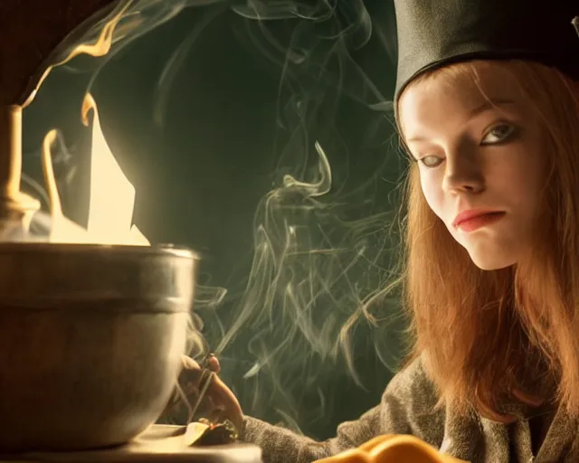 Prompt: close up portrait, dramatic lighting, concentration, calm confident teen witch and her cat mixing a spell in a cauldron, a little smoke fills the air, a witch hat and cape, a little green smoke is coming out of the cauldron, ingredients on the table, apothecary shelves in the background, still from disney show