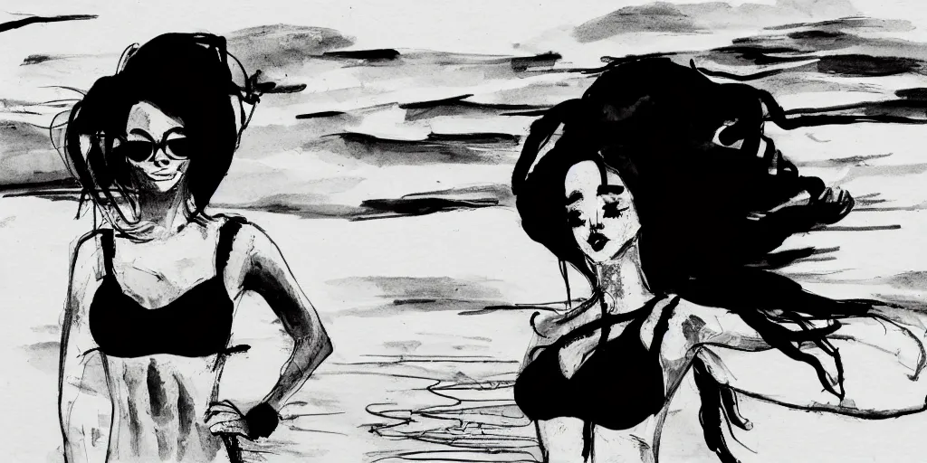 Prompt: ink portrait of a woman in a bikini on the beach, chinese brush pen illustration, big clouds visible in the background, bright sunshine, high contrast, deep black tones, contour