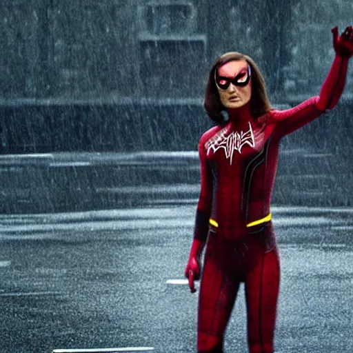 Prompt: Natalie Portman as spiderwoman, dramatic cinematic portrait, rain