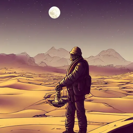 Image similar to a lonely man in desert finding a beautiful crystal, a big moon in background, Industrial Scifi, detailed illustration, character portrait, by Martin Grip and Moebius