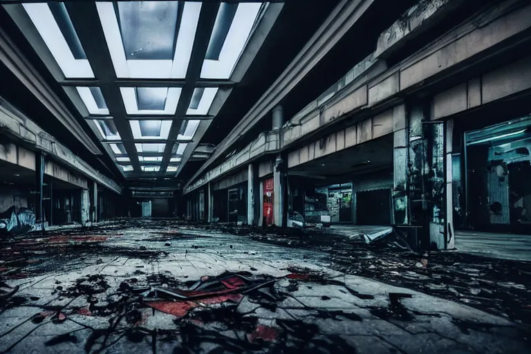 Image similar to low angle photo of a abandoned cyberpunk shopping mall, a crew of high tech soldiers are running out, dead human bodies on the floor, cinematic lightning, ray tracing, unreal engine, photorealistic, detailed, dark, moody, foggy, scary