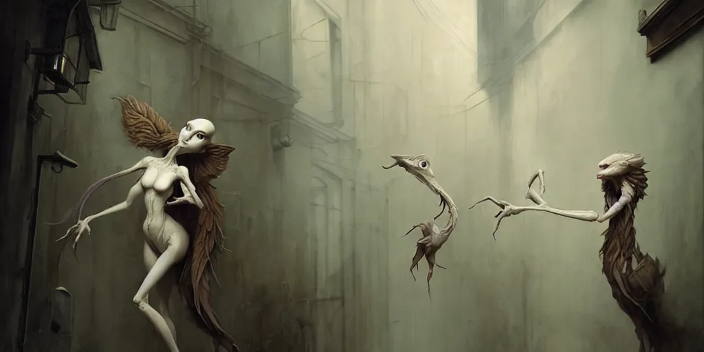 Image similar to ultra realistic, beautiful female puppet moving through a cloistered back alley, in the style of peter mohrbacher by weta digital and beth cavener, high symmetry, intricate, elegant, evocative, masterpiece, award winning, high face symmetry, high realism