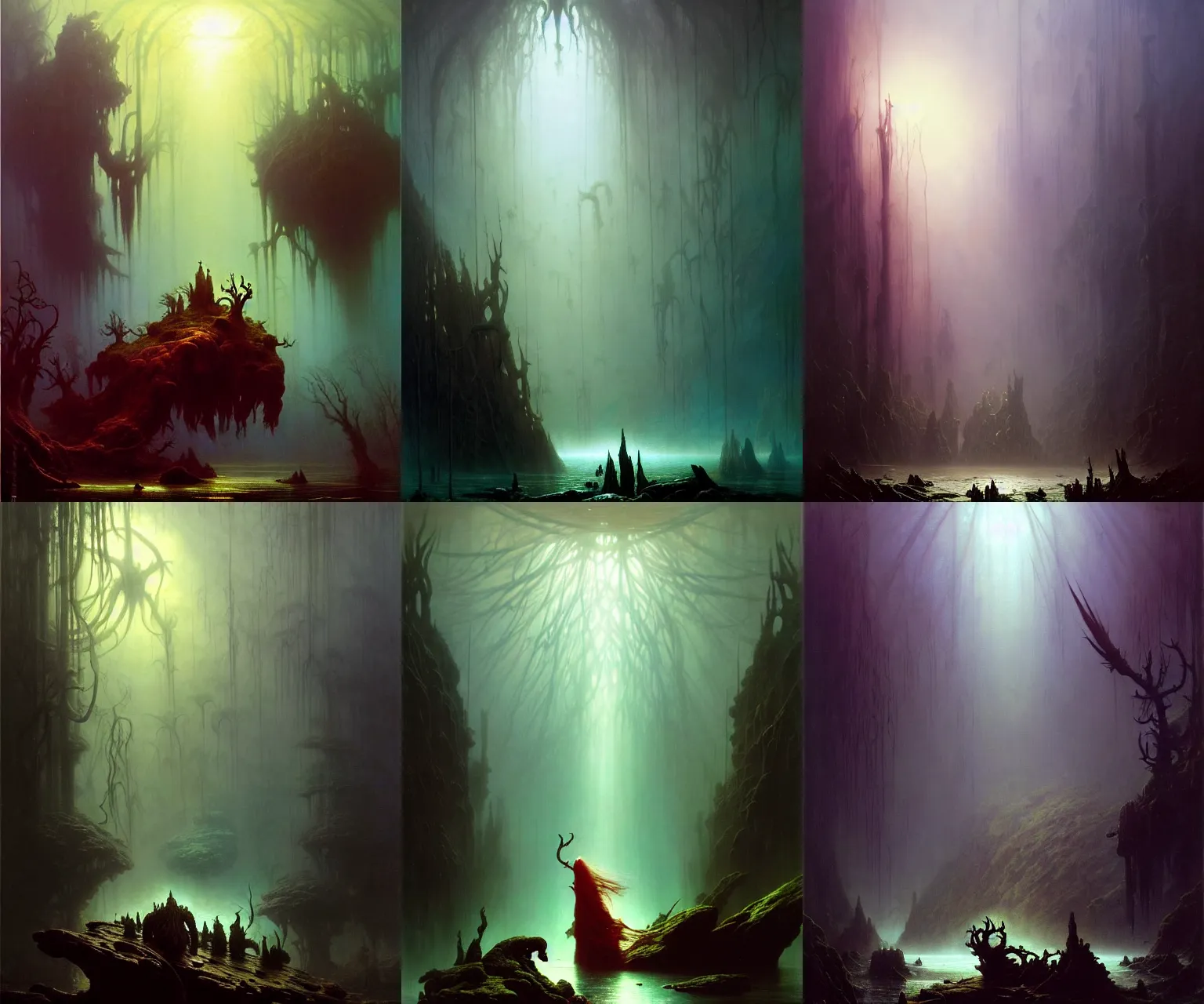 Prompt: a cinematic masterpiece painting of gothic exotic alien mystical underwater forest of despair and misery, by Andreas Achenbach, by Wayne Barlowe, by Marc Simonetti, by Caspar David Friedrich, by Tim Hildebrandt, by Bruce Pennington, by Zdzisław Beksiński, by Paul Lehr, oil on canvas, masterpiece, trending on artstation, featured on pixiv, cinematic composition, beautiful lighting, sharp, details, hyper-detailed, no frames, HD, HDR, 4K, 8K