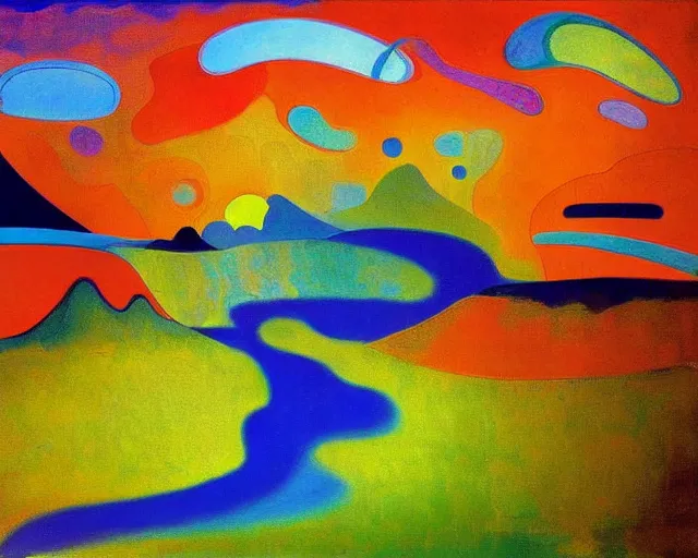 Image similar to A wild, insane, modernist landscape painting. Wild energy patterns rippling in all directions. Curves, organic, zig-zags. Mountains, clouds. Rushing water. Waves. Psychedelic dream world. Odilon Redon. Peter Max.