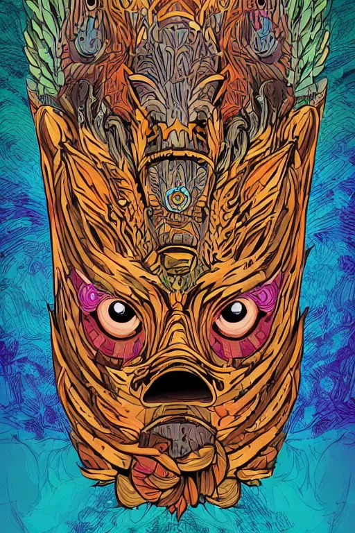 Image similar to animal mask totem roots flower tribal feather gemstone plant wood rock shaman vodoo video game vector cutout illustration vivid multicolor borderlands comics by josan gonzales and dan mumford radiating a glowing aura