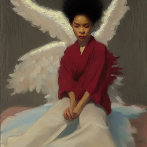 Image similar to girl with afro and angel wings, in kimono, backview, sitting on edge of bed, by jeremy lipking, tim rees, joseph todorovitch