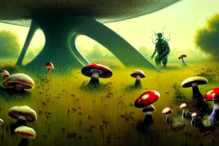 Prompt: surreal painting by craig mullins and greg rutkowski, garden flowers + poison mushrooms + long grass + garden dwarfs fighting with giant mosquito, 7 0's vintage sci - fi flat design, cinematic