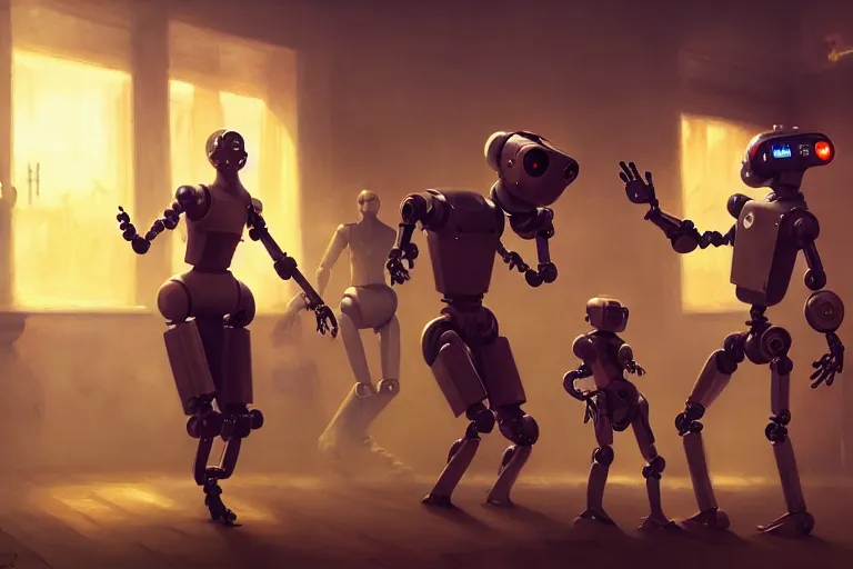 Image similar to robots dancing by otto dix and greg rutkowski and andreas rocha, cinematic lighting, warm colours, ultra realistic, unreal engine, trending on artstation, 4 k