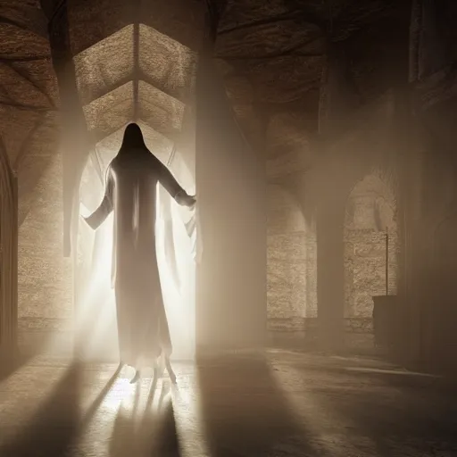 Prompt: a female banshee robed in white cloth standing inside a ruined cathedral, sunlight shining through the ceiling over the white clothed banshee, realistic lighting