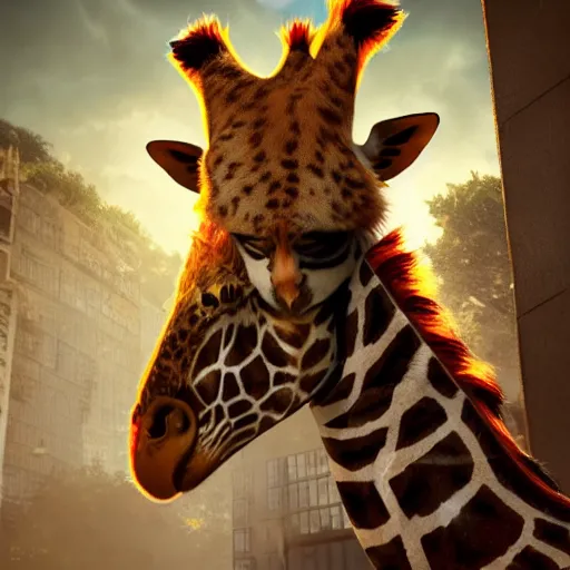 Prompt: A hyper real comic book style portait painting of a hybrid of a cat and an giraffe, unreal 5, hyperrealistic, octane render, cosplay, RPG portrait, dynamic lighting