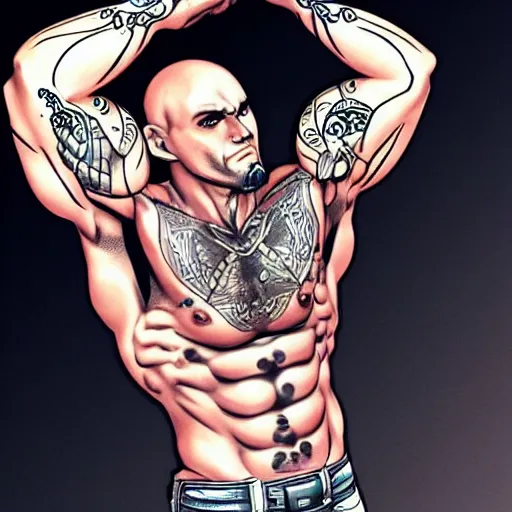 Image similar to muscular bald man, tattooed body, sword in hands, HD, anime style,