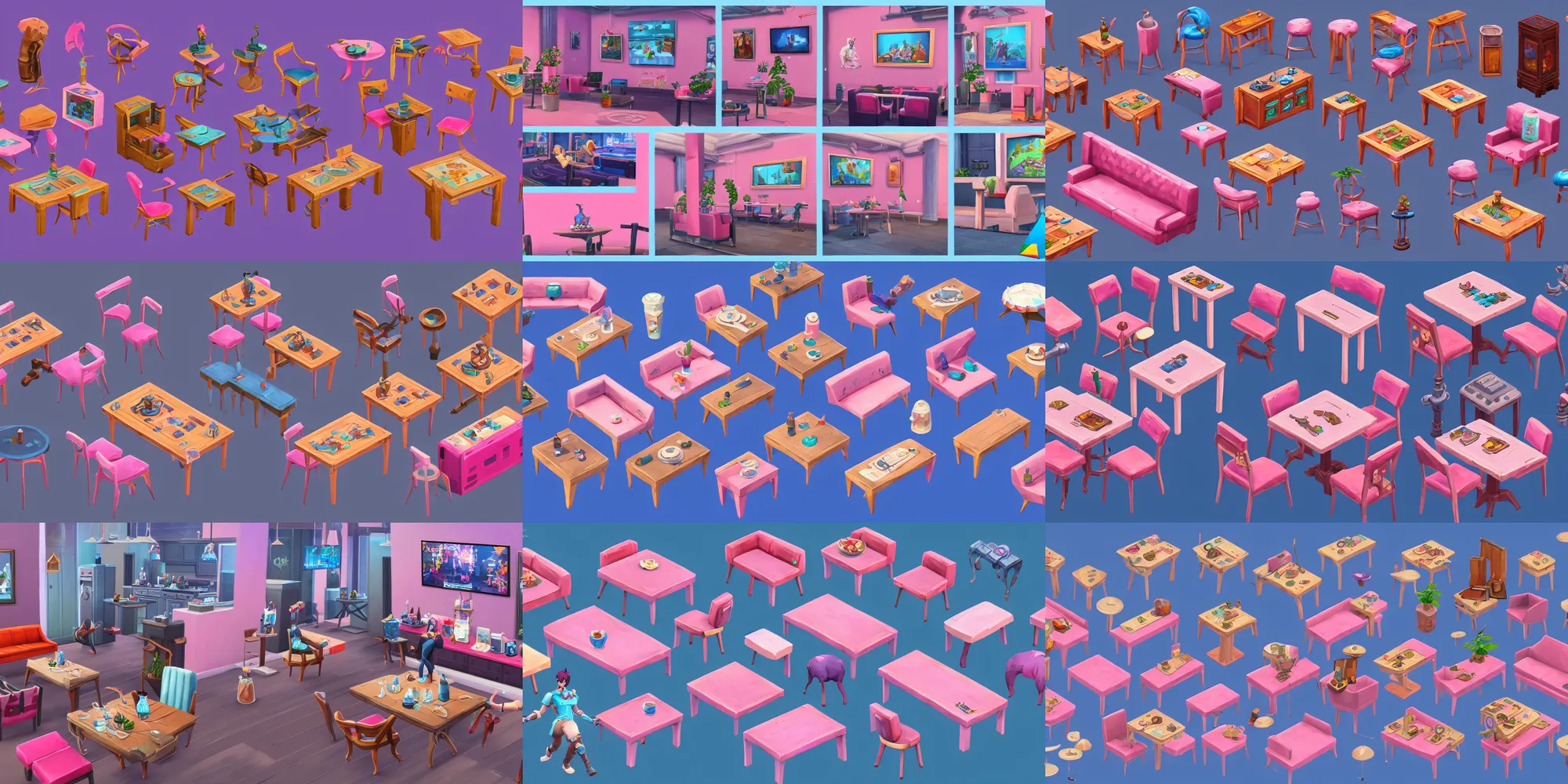 Prompt: game asset of the sims cafe furniture and decoration, in gouache detailed paintings, props, stylized, 2 d sprites, kitbash, arcane, overwatch, blue and pink color scheme, 8 k, close up