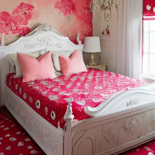 Image similar to deisgner photography of bedroom themed to strawberry motif. bed has strawberry blankets. wall has strawberry pattern. furniture has strawberry motif. furniture is shaped like strawberries. carpet has strawberry motif. lighting has strawberry shapes.