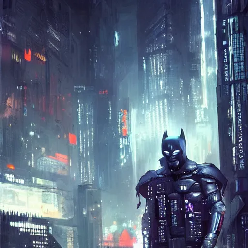 Prompt: cyberpunk batman with fullface mask, wide shot, moody, futuristic, city background, brush strokes, oil painting, greg rutkowski