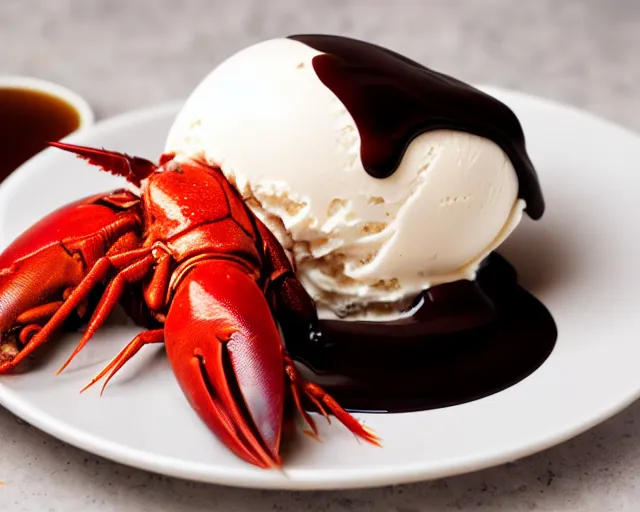 Image similar to dslr food photograph of vanilla ice cream with a crawfish, some chocolate sauce, 8 5 mm f 1. 4