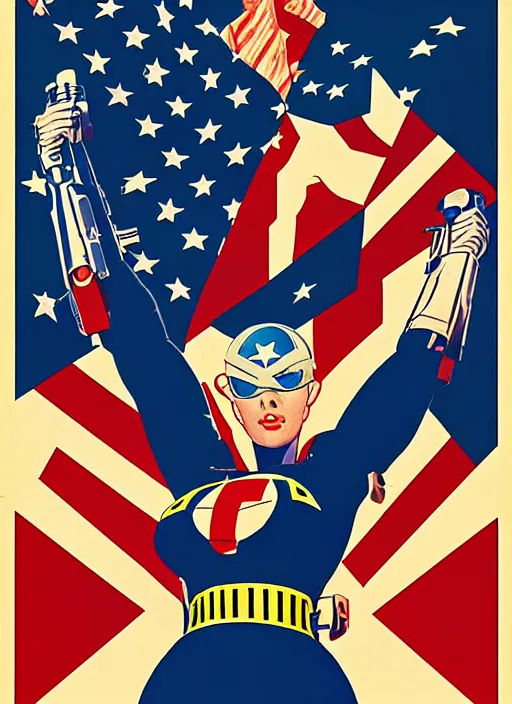 Image similar to patriotic american propaganda poster. cyberpunk female supersoldier. portrait by jean giraud and anton otto fischer and john philip falter and will eisner and gil elvgren and pixar. realistic proportions. character art. science fiction d & d. tf 2, overwatch, rb 6 s, cyberpunk 2 0 7 7, blade runner 2 0 4 9.