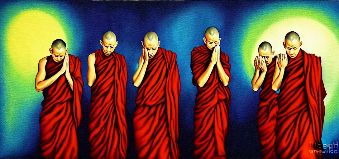 Image similar to dystopian surreal painting of monks praying