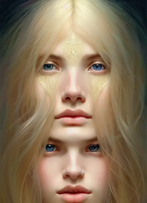 Prompt: beautiful symmetrical face, portrait of young woman blessed with ever - increasing physical and mental perfection, realism, blonde hair, perfect face!! intricate, elegant, highly detailed, vision of holy perfection!! digital painting, artstation, concept art, smooth, sharp focus, illustration, humanity, art by artgerm and greg rutkowski and alphonse mucha