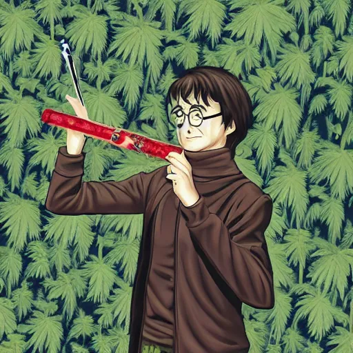 Image similar to harry potter in a jungle of weed plants, smoke everywhere, holding a wand that is a cigarette and a joint smoking out of it smoke, red eyes, bloodshot eyes, smoking weed