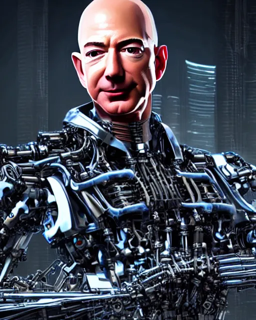 Image similar to portrait of Jeff Bezos as a sophisticated and intricate biomechanical Terminator, fantasy cyberpunk, Unreal Engine, hyper detailed, cinematic post-processing