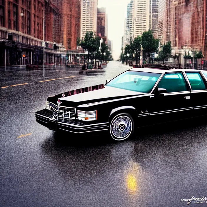 Image similar to hyper realistic, high detail photo of black 1 9 9 2 cadillac de ville, city streets wet, beautiful, dreary lighting