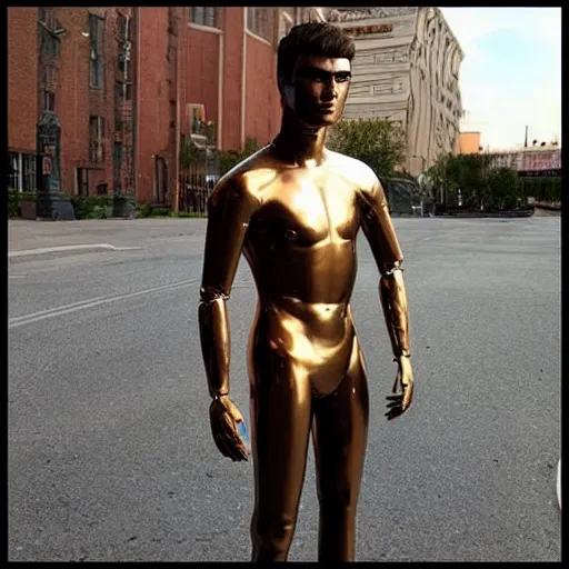 Image similar to “a realistic detailed photo of a guy who is an attractive humanoid who is half robot and half humanoid, who is a male android, Zac Efron, shiny skin, posing like a statue”