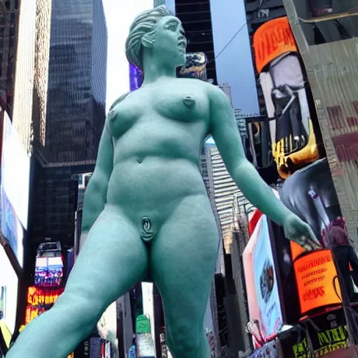 Image similar to a giant greek statue of a woman in times square