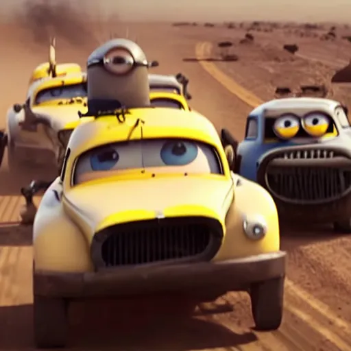 Image similar to a still of minions driving cars in mad max movie, highly detailed cinematography, cinematic, marvel cinematic