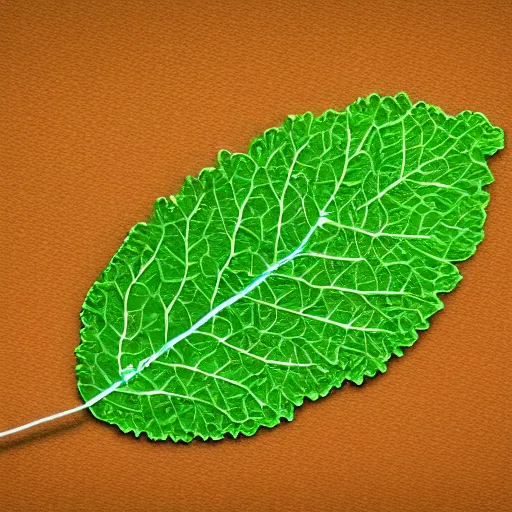 Prompt: a digital leaf of mint with circuit board paths instead of veins