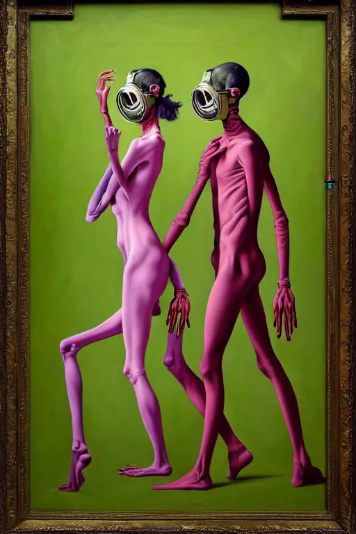 Prompt: two skinny figures with extra limbs, draped in fleshy green and pink, wearing ornate gas masks connected to their hearts, inside an gothic dystopian, abandoned hospital room, high fashion, greg hildebrandt, mark ryden, haunting, hypersurreal, eerie vibrating color palette of charlie immer, highly detailed painting by, jenny saville, soft light 4 k