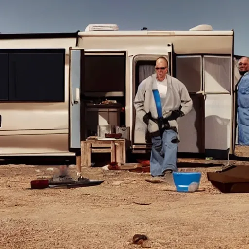 Prompt: film still of kim kardashian as walter white cooking meth inside an rv, in the tv show breaking bad, full-shot, 4k