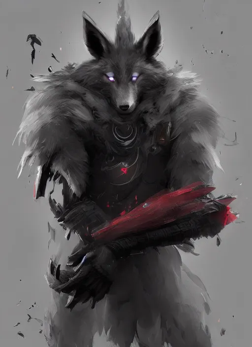 Prompt: handsome dark gray male anthropomorphic wolf fursona, long red hair wearing destiny 2 armor. character design by cory loftis, fenghua zhong, ryohei hase, ismail inceoglu and ruan jia. artstation, volumetric light, detailed, photorealistic, fantasy, rendered in octane