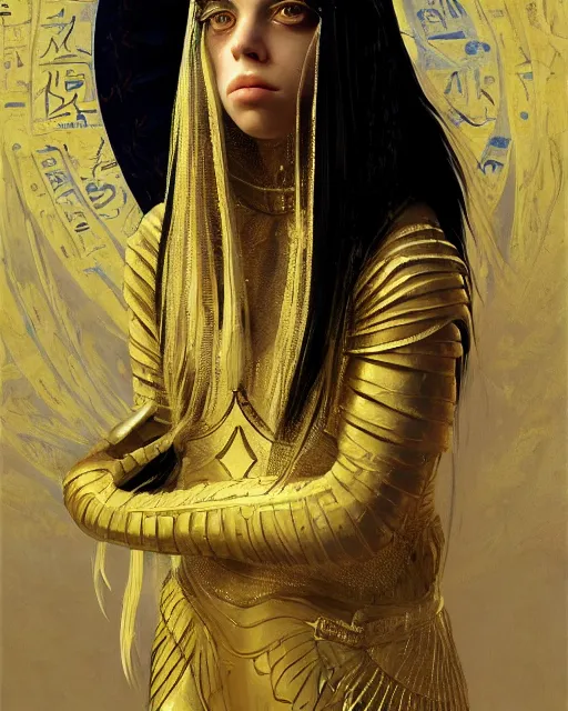 Image similar to Billie Eilish as a beautiful egyptian princess, gorgeous, portrait, Symmetrical, powerful, intricate, beautiful, masterpiece, elegant, volumetric lighting, highly detailed, artstation, sharp focus, no cropping, illustration, Jean-Leon Gerome , ruan jia